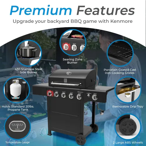 Miniatura 5 de Kenmore Parrilla de gas propano para barbacoa, 5 quemadores con quemador lateral y zona de sellado, parrilla de acero inoxidable de 644 pulgadas