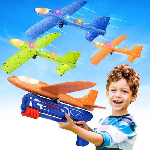 Miniatura 8 de Fuwidvia Paquete de 4 juguetes lanzadores de aviones, juguete de avión de espuma LED con 2 modos de vuelo para niños, juguetes voladores al aire