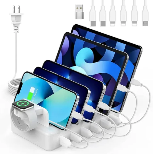 Miniatura 10 de Estación de Carga para Múltiples Dispositivos, CREATIVE DESIGN Estación de Carga USB 50W de 6 Puertos con Soporte para Apple Watch y 6 Cables