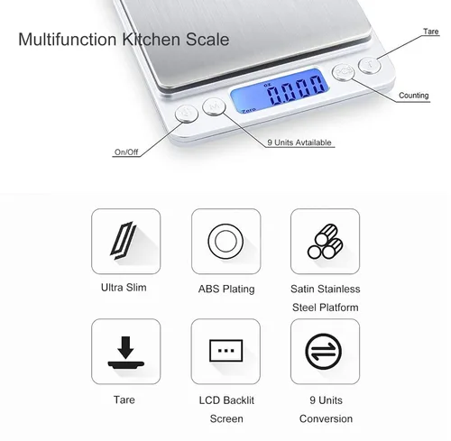 Miniatura 2 de Báscula digital de alimentos de 0.001 onzas y onzas, báscula de cocina para alimentos con pantalla LCD retroiluminada, tare, 9 unidades, apagado