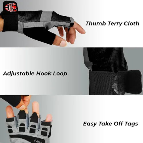 Miniatura 2 de FIGHTSENSE Guantes de entrenamiento para hombres y mujeres, guantes de levantamiento de pesas con agarre mejorado, palma acolchada, correas de Gris