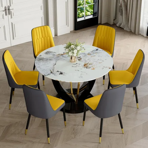 Miniatura 39 de Juego de mesa de comedor redonda para 4, mesa moderna de 48" con tapa de mármol sintético falso y pedestal brillante negro, juego de mesa de cocina