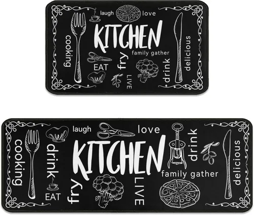 Juego de 2 tapetes de cocina negros para cocina, antideslizantes, impermeables, de pie, de 17 x 30 pulgadas + 17 x 47 pulgadas