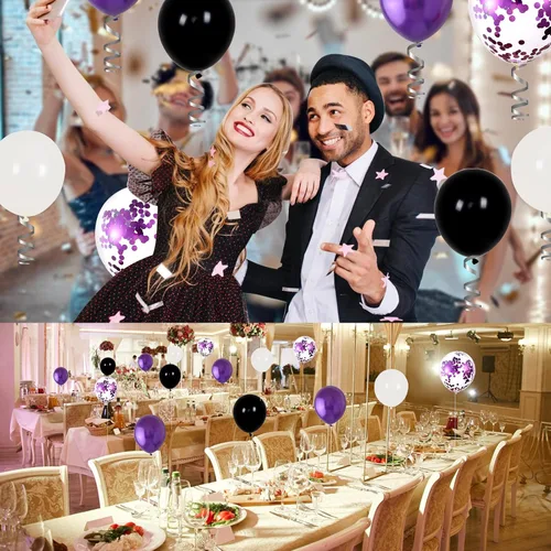 Miniatura 6 de Decoraciones de fiesta moradas y negras para mujeres, decoraciones de cumpleaños moradas para niñas y hombres con mantel de fondo de feliz