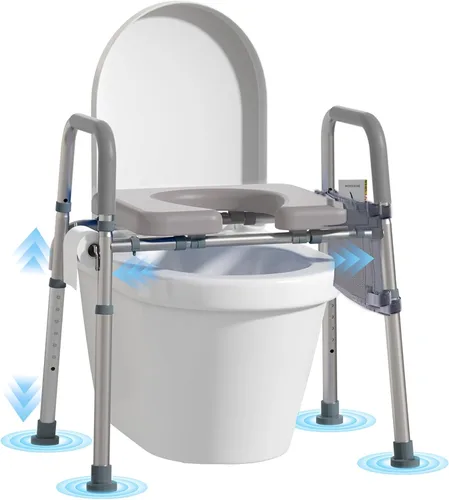 WHLICKS Asiento elevado para inodoro con asas – Asiento elevado de ancho ajustable, cómodos elevadores de asiento de inodoro acolchados para Gris