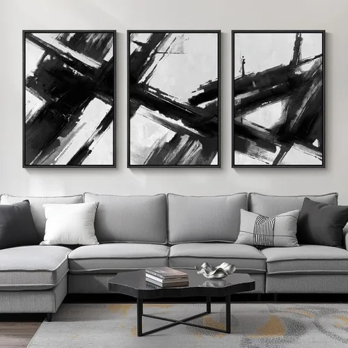 Miniatura 21 de Arte abstracto neutro en blanco y negro para sala de estar, 3 cuadros de impresiones en lienzo, para paredes, imágenes geométricas minimalistas