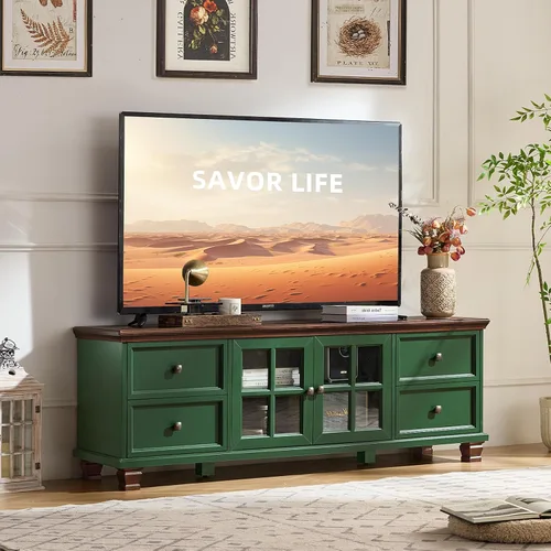 SAVOR LIFE Soporte de TV de granja para sala de estar, centro de entretenimiento verde rústico con armario de almacenamiento, consola de TV de