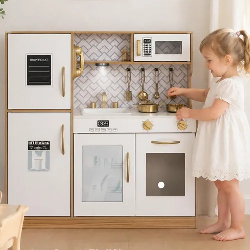 Conjunto de Juguete de Cocina de Madera con Luz, Juego de Cocina de Pretensión para Niños, Juego de Cocina de Juguete con Fregadero, Horno de