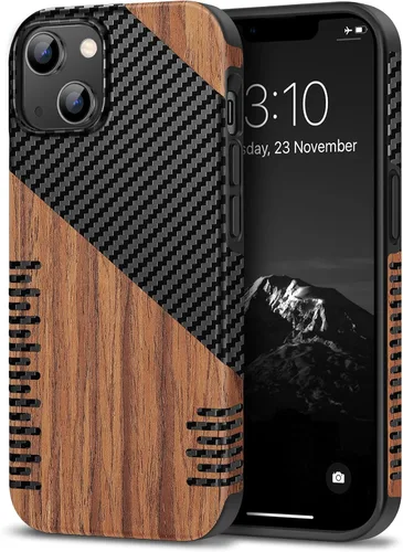 Miniatura 21 de TENDLIN Funda Magnética Compatible con iPhone 14 Plus Funda de Madera con Textura de Fibra de Carbono Diseño Híbrido de Cuero Cubierta Delgada Negro