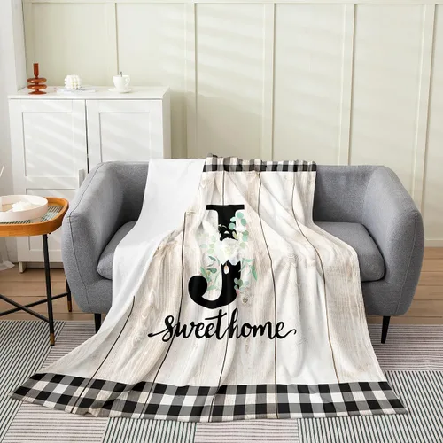 Miniatura 12 de Erosebridal Flower Initial S Flannel Blanket White Floral Flowers Fleece Blanket,40"X50",Personalized Letters Fuzzy Plush Throw for Sofa Beige Negro