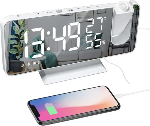 ThreeH Reloj despertador de proyección con cargador USB Proyector giratorio de 180° Reloj despertador con radio FM Pantalla de espejo de 7.4
