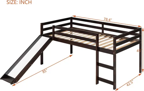Miniatura 2 de Harper & Bright Designs Cama alta baja con tobogán, marco de cama individual de madera maciza para niños con tobogán y escaleras, no necesita somier