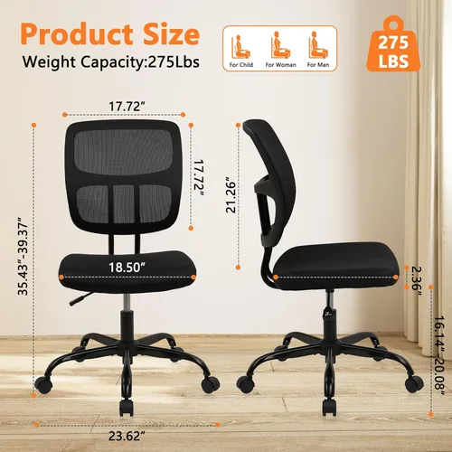 Miniatura 3 de CLATINA Silla de oficina en casa, sin brazos con ruedas, silla de escritorio pequeña de altura ajustable, sillas giratorias de trabajo de malla