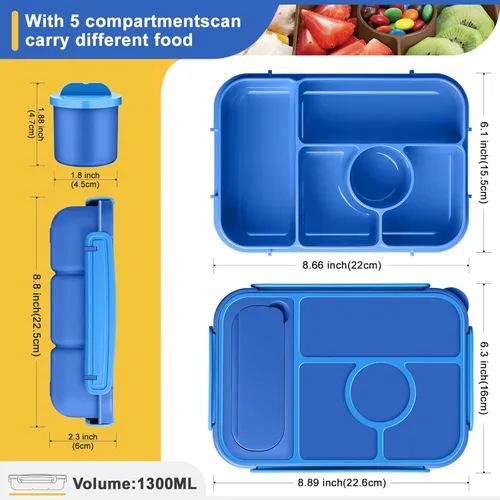 Miniatura 2 de Amathley Lonchera Bento para Adultos, Lonchera para Niños, Recipientes para Almuerzo para Adultos/Niños/Niños Pequeños, Lonchera Bento de 5 Azul