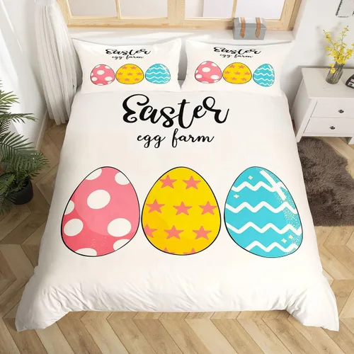 jejeloiu Juego de ropa de cama de Pascua para niñas y niños, huevos de Pascua, juego de funda de edredón decorativa colorida para el día de Pascua,