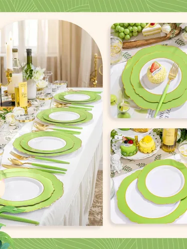 Miniatura 3 de WDF 150 platos verdes desechables, platos barrocos verdes y dorados, vajilla de plástico para 25 invitados, ideal para fiestas, primavera, picnic