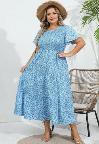 Miniatura 3 de Vestido largo escalonado fruncido para mujer, talla grande, con bolsillos, elegante, manga corta, cuello redondo, floral, bohemio, vestido bohemio