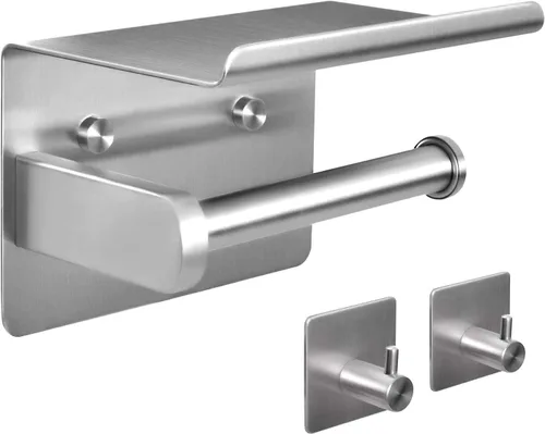 Tindbea Soporte de papel higiénico con estante para teléfono + Ganchos para toallas, Montaje adhesivo o con tornillos en la pared para rollos de