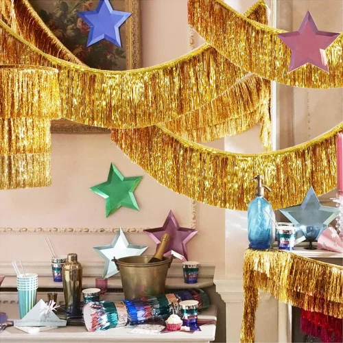 Miniatura 6 de Guirnalda de oropel con flecos de oro rosa de alta calidad para decoraciones de fiesta, 4 capas de grosor, paquete de 2 unidades, pancarta metálica
