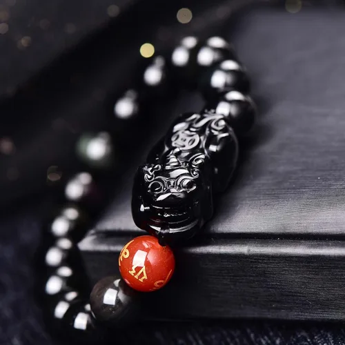Miniatura 9 de Pulsera de obsidiana negra, pulsera de obsidiana negra Feng Shui para mujeres y hombres, pulsera elástica de obsidiana con piedra de ojo de tigre