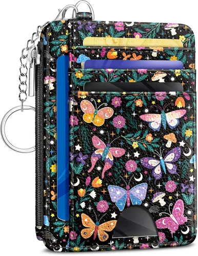 Miniatura 10 de Kelvoris Tarjetero pequeño para mujer, cartera delgada con bloqueo RFID, llavero con bolsillo para monedas con cremallera, bolsillo frontal