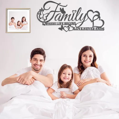 Miniatura 3 de Family Where Life Begins Love Never Ends Word - Decoración de pared de metal negro con corazón de mariposas, escultura colgante de letras de hierro