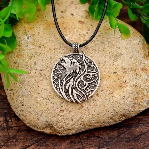 Miniatura 6 de HAQUIL Collar de lobo, colgante redondo de medallón de lobo, cordón de piel sintética, regalo de joyería de lobo para hombres