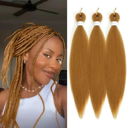 Cabello trenzado preestirado de 18 pulgadas, 3 paquetes de cabello rubio miel preestirado, extensiones de cabello sintético profesional, sin