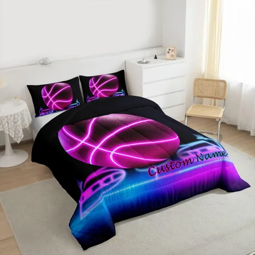 Miniatura 4 de Erosebridal Juego de ropa de cama de baloncesto rosa tamaño matrimonial para niños y niñas, juego de edredón con temática deportiva, edredón