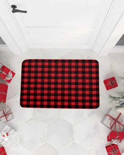 Miniatura 7 de Tapetes de Navidad para Exteriores/Interiores con Patrón Rústico de Cuadros de Búfalo Rojo y Negro Antideslizantes, Tapete de Bienvenida para Puerta