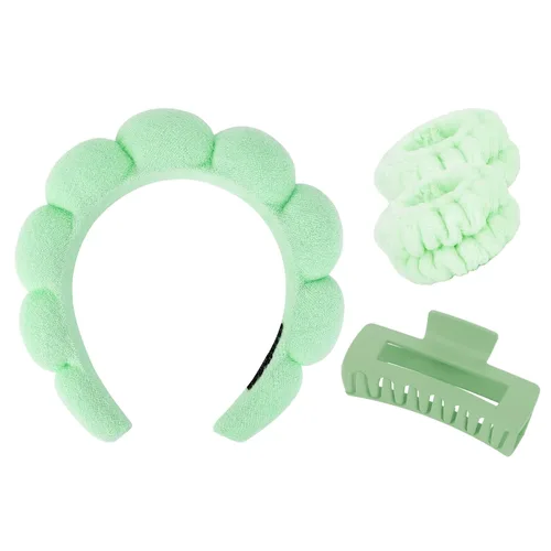 Miniatura 12 de Wecoe Juego de diadema y pulsera para el cuidado de la piel para el cuidado de la piel, pinzas para cabello grueso, esponja hinchada con burbujas