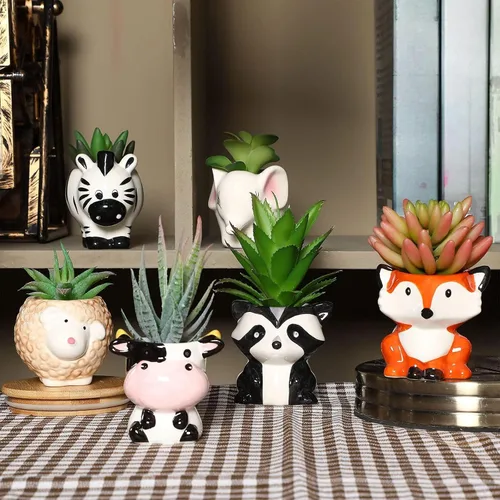 Patelai 6 macetas para suculentas con agujero de drenaje, diseño de vaca de dibujos animados, elefante, maceta de cerámica, maceta de flores