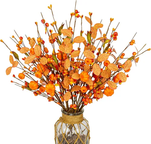 Miniatura 7 de JINGHONG Paquete de 6 tallos de bayas de otoño de 43 cm de alto, púas de bayas naranjas artificiales, púas florales artificiales para jarrones, Baya