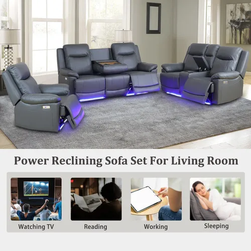 Miniatura 7 de Juego de sofá reclinable eléctrico, juego de sofá de cuero con puerto USB, sofá biplaza reclinable con consola de almacenamiento/portavasos