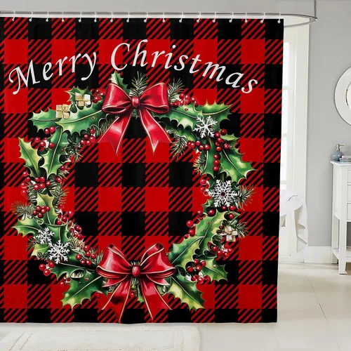 Miniatura 22 de Homewish Cortina de ducha de árbol de Navidad, juego de cortina de ducha de baño con diseño de copo de nieve dorado para niños y adultos, cortina
