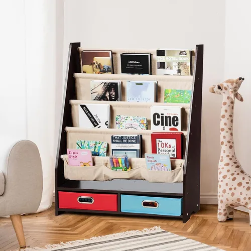 HONEY JOY Estante para libros para niños con 2 contenedores de almacenamiento, estantería de madera para niños pequeños con 4 estantes de eslinga,