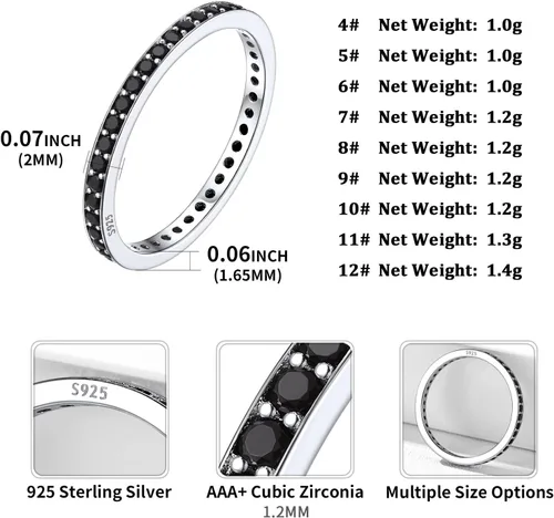 Miniatura 5 de ChicSilver Anillo apilable personalizado de plata de ley 925 con circonita cúbica de 0.079 pulgadas, anillo de compromiso de eternidad para mujer