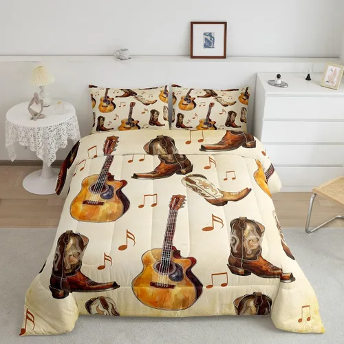 Castle Fairy Juego de edredón de botas de vaquero, tamaño individual, juego de ropa de cama bohemio con guitarra musical para niños y niños, estilo