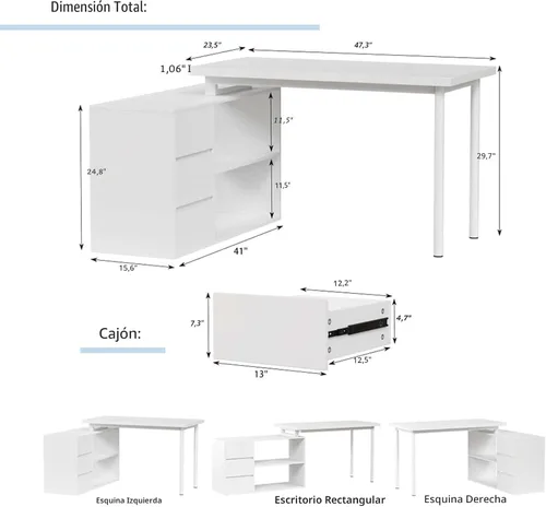 Miniatura 2 de Bobve - Escritorio en forma de L para computadora de 47 pulgadas, escritorio de oficina en casa con cajones para archivos y estantes de Blanco