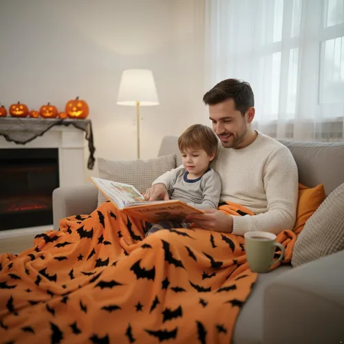 Miniatura 2 de Manta de Halloween: Silueta de murciélagos negros suaves en vellón de terciopelo naranja para sofá, cama, sofá, silla, dormitorio
