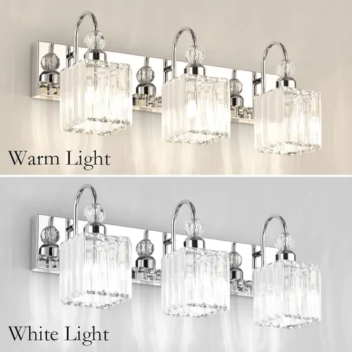 Miniatura 4 de Ralbay Lámpara de tocador de baño de cristal cromado, 3 luces, lámparas de pared modernas de 24 pulgadas Cuadrado-Cromo