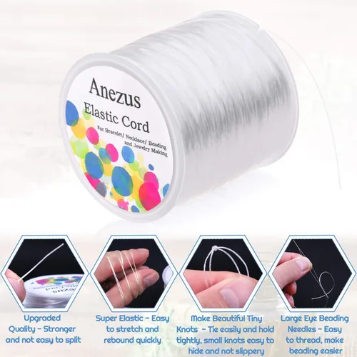 Miniatura 2 de anezus - Cuerda elástica para pulseras, cordón elástico de cuentas de joyería con 2 agujas grandes para cuentas de semillas, cuentas de poni