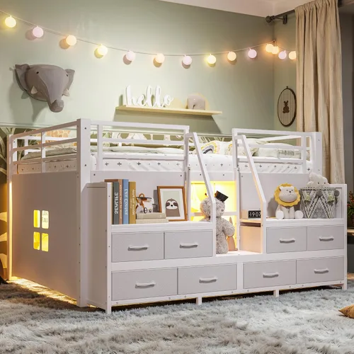 Miniatura 11 de Bellemave Twin Size Low Loft Bed with 8 Fabric Storage Drawers,Metal Loft Bed Frame with Shelves and LED Lights for Boys Girls,Kids Loft Bed Twin