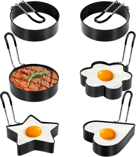 Miniatura 6 de Paquete de 4 moldes de acero inoxidable para anillos de huevo con moldes de metal antiadherentes para sándwiches de huevo frito, para freír o dar