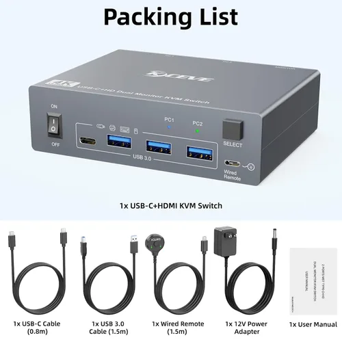 Miniatura 9 de Interruptor KVM 2 Monitores 1 Laptop y 1 Computadora de Escritorio 4K@60Hz, Camgeet Interruptor KVM USB C HDMI Monitor Dual con 4 Puertos USB3.0