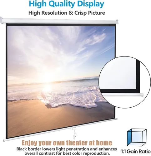 Miniatura 4 de SUPER DEAL Pantalla de proyector de 120 pulgadas, pantalla de proyección retráctil, pantalla HD desplegable manual, formato 1:1 para cine en casa