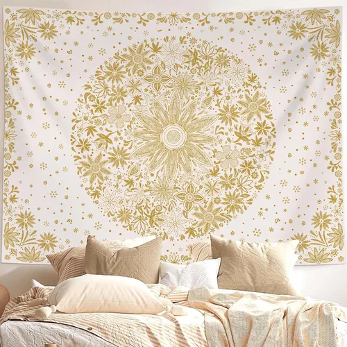 Miniatura 8 de Neasow Tapiz bohemio para colgar en la pared, tapiz floral blanco y negro con estampado de medallones de margaritas punteadas, para dormitorio