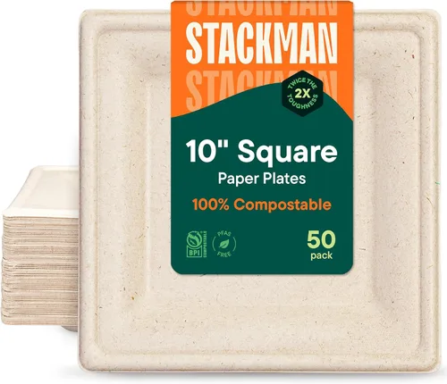 Miniatura 8 de Platos de papel cuadrados 100% compostables [paquete de 50] – {Sin PFAS} – {Certificado BPI} – [6 pulgadas] – Platos de cena de bagazo