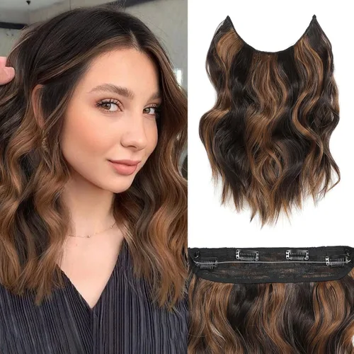 Miniatura 51 de Extensiones de cabello con halo de 12 pulgadas con alambre invisible, cabello largo ondulado ajustable, sintético, mejora con 4 clips de seguridad
