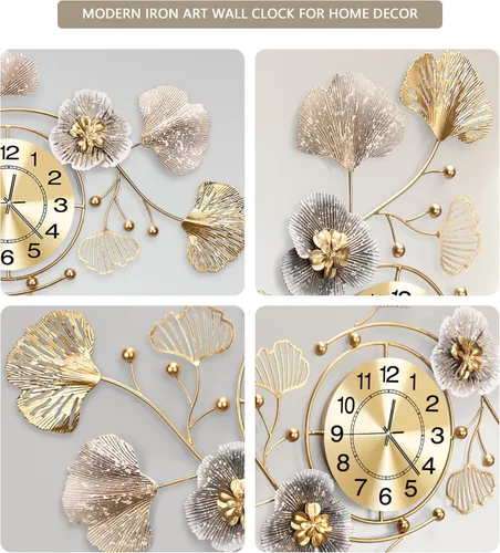 Miniatura 6 de Relojes para sala de estar, reloj de pared grande, reloj de pared silencioso 3D, diseño retro de hoja de ginkgo de metal, para dormitorio, cocina